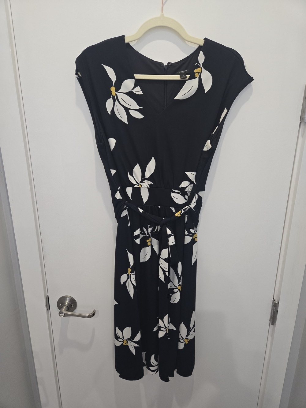 Navy Floral Belted Midi Dress - White Floral Print
